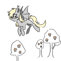 Size: 1179x1179 | Tagged: safe, artist:k050548493, derpy hooves, bat pony, pony, g4, bat ponified, derpybat, female, flying, mare, muffin tree, race swap, simple background, solo, white background