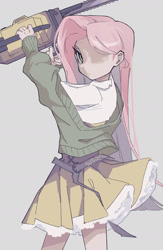 Size: 1292x1976 | Tagged: safe, artist:suiminnyaku41350, fluttershy, human, chainsaw, gray background, humanized, simple background, solo, stay out of my shed