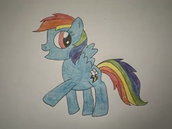 Size: 4032x3024 | Tagged: safe, artist:madisondraws32, rainbow dash, pegasus, pony, g4, colored pencil drawing, cute, dashabetes, female, hooves, mare, open mouth, open smile, raised hoof, raised leg, rearing, simple background, smiling, solo, traditional art, white background