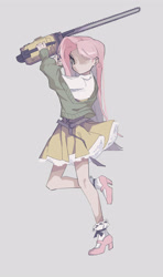 Size: 2217x3734 | Tagged: safe, artist:suiminnyaku41350, fluttershy, human, chainsaw, gray background, humanized, simple background, solo, stay out of my shed