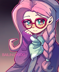 Size: 1075x1316 | Tagged: safe, artist:devilbailing, fluttershy, human, g4, alternate hairstyle, blushing, clothes, coat, glasses, gradient background, hat, hipstershy, humanized, looking at you, solo, text