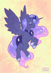 Size: 2400x3444 | Tagged: safe, artist:kuroikamome, princess luna, alicorn, pony, g4, crown, dark fur, ear fluff, eyes closed, eyeshadow, female, flying, gradient mane, hoof shoes, jewelry, makeup, mare, multicolored mane, multicolored tail, peytral, princess shoes, profile, purple hair, regalia, simple background, solo, spread wings, tail, tiara, wings