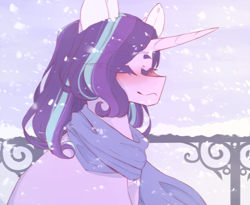 Size: 858x702 | Tagged: safe, artist:riressa, starlight glimmer, pony, unicorn, g4, blushing, clothes, eyes closed, female, horn, mare, scarf, snow, snowfall, solo, winter