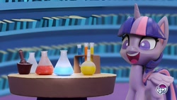 Size: 1920x1080 | Tagged: safe, edit, edited screencap, screencap, twilight sparkle, alicorn, pony, g4, g4.5, my little pony: stop motion short, potion party, cute, flask, library, my little pony logo, smiling, solo, test tube, twilight sparkle (alicorn), twilight's castle, twilight's castle library