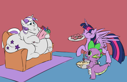 Size: 2757x1793 | Tagged: safe, artist:mellowhen, artist:polofastter, spike, twilight sparkle, twilight velvet, alicorn, dragon, pony, unicorn, g4, apron, batter, belly, big belly, clothes, cookie, couch, double chin, fat, female, flower, food, horn, large butt, mare, mother and child, mother and daughter, mother's day, obese, plate, simple background, twilard velvet, twilight sparkle (alicorn)