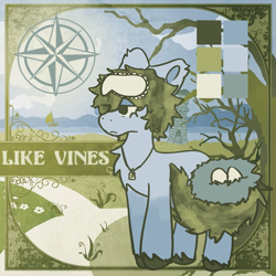 Size: 1417x1417 | Tagged: safe, artist:clandestine, derpibooru exclusive, oc, oc only, oc:like vines, earth pony, pony, album, album cover, bird nest, blue coat, boat, border, color palette, colored pinnae, compass rose, cutie mark, egg, frown, green eyes, green hair, green mane, green tail, jewelry, lidded eyes, lighthouse, like vines, name, necklace, nest, path, reference sheet, sailboat, sleep mask, solo, standing, tail, the hush sound, tree, unshorn fetlocks