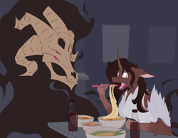 Size: 4500x3500 | Tagged: safe, artist:ollie sketchess, oleander (tfh), oc, unicorn, anthro, them's fightin' herds, clothes, community related, dress, eating, food, horn, noodles, ramen, restaurant, simple background
