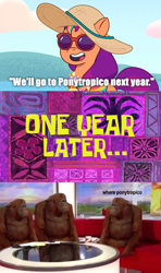 Size: 1280x2160 | Tagged: safe, edit, edited screencap, screencap, orangutan, g5, my little pony: tell your tale, ponytropico, spoiler:g5, spoiler:my little pony: tell your tale, spoiler:tyts01e52, caption, comic, image macro, impact font, meme, one year later, screencap comic, spongebob squarepants, spongebob time card, text