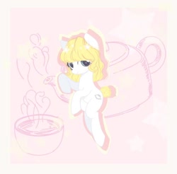 Size: 1096x1080 | Tagged: safe, artist:meinu33481, oc, earth pony, pony, abstract background, cup, female, mare, smiling, solo, teacup, teapot
