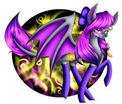 Size: 4700x4000 | Tagged: safe, artist:squishkitti, oc, oc only, oc:dark star, bat pony, pony, absurd resolution, art trade, bat pony oc, big ears, bow, circle background, clothes, colored ear fluff, colored wings, ear piercing, earring, eye clipping through hair, fangs, female, female oc, gradient mane, gradient tail, gray coat, hair bow, heterochromia, jewelry, leonine tail, long socks, looking at you, looking back, magic eyes, mare, mare oc, necklace, partially transparent background, pendant, piercing, pink mane, pink tail, purple bow, purple socks, shiny eyes, shiny mane, shiny tail, simple background, slender, smiling, smiling at you, socks, solo, speedpaint available, spread wings, tail, thin, thin legs, three quarter view, transparent background, two toned wings, wall of tags, wingding eyes, wings