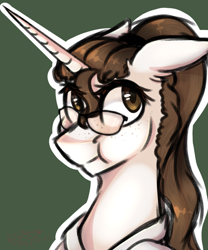 Size: 1000x1200 | Tagged: safe, artist:pixelberrry, oc, pony, unicorn, bust, female, glasses, green background, horn, mare, portrait, simple background, solo
