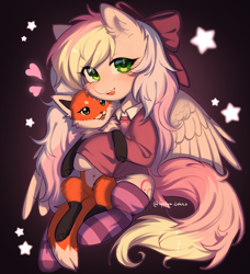 Size: 2849x3118 | Tagged: safe, artist:tyutya, oc, oc only, oc:blazey sketch, bow, clothes, grey fur, hair bow, long hair, long tail, looking at you, multicolored hair, plushie, shading, simple background, smiling, socks, solo, sweater, tail