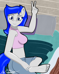 Size: 2360x2960 | Tagged: safe, artist:naret_web, oc, oc only, oc:jc, earth pony, pony, anthro, plantigrade anthro, barefoot, bed, bedroom, clothes, feet, fetish, foot fetish, foot focus, looking at you, pose, sitting, smiling