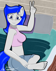 Size: 2360x2960 | Tagged: safe, artist:naret_web, oc, oc only, oc:jc, earth pony, anthro, plantigrade anthro, barefoot, bed, bedroom, breasts, clothes, feet, fetish, foot fetish, foot focus, looking at you, pose, sitting, smiling