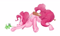 Size: 6465x3867 | Tagged: safe, artist:快乐的小马, gummy, pinkie pie, alligator, earth pony, pony, baseball bat, butt, featureless crotch, female, mare, plot, prehensile tail, simple background, tail, tail hold, underhoof, white background