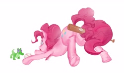 Size: 6465x3867 | Tagged: safe, artist:快乐的小马, gummy, pinkie pie, alligator, earth pony, pony, g4, baseball bat, butt, duo, featureless crotch, female, mare, plot, prehensile tail, simple background, tail, tail hold, underhoof, white background