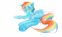 Size: 6465x3867 | Tagged: safe, artist:快乐的小马, rainbow dash, pegasus, pony, blushing, female, looking at you, lying down, mare, on side, open mouth, simple background, solo, white background