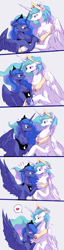 Size: 1048x4096 | Tagged: safe, artist:qswomozi, princess celestia, princess luna, alicorn, pony, g4, chest fluff, comic strip, concave belly, cute, cutelestia, duo, duo female, eyes closed, female, heart, height difference, horn, horns are touching, hug, looking at each other, looking at someone, lunabetes, mare, no dialogue, royal sisters, sibling love, siblings, simple background, sisterly love, sisters, speech bubble, spread wings, white background, wings