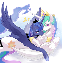 Size: 1021x1024 | Tagged: safe, artist:qswomozi, princess celestia, princess luna, alicorn, pony, abstract background, blushing, chest fluff, female, hug, licking, mare, royal sisters, siblings, sisters, tongue out