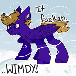 Size: 1600x1600 | Tagged: safe, artist:heartsketch1, oc, oc:wing front, pegasus, g5, blue eyes, brown mane, brown tail, cloud, meme, on a cloud, purple coat, standing on a cloud, tail, wind, windswept mane