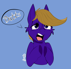 Size: 868x844 | Tagged: safe, artist:cozziesart, oc, oc only, oc:wing front, pegasus, pony, brown mane, butts, cheek fluff, hoof tapping, male, open mouth, pegasus oc, purple coat, simple background, solo, speech bubble, stallion