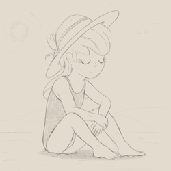 Size: 2000x2000 | Tagged: safe, artist:dtcx97, apple bloom, human, g4, beach, clothes, eyes closed, freckles, hat, humanized, one-piece swimsuit, sitting, sketch, smiling, solo, straw hat, swimsuit, younger