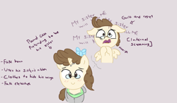 Size: 1300x760 | Tagged: safe, artist:wanda, pound cake, pegasus, pony, clothes, crossdressing, fake horn, glasses, male, nervous, solo, spread wings, sweater, wings