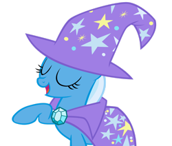 Size: 1600x1354 | Tagged: safe, artist:orschmann, trixie, pony, unicorn, g4, brooch, cape, clothes, eyes closed, female, hat, horn, jewelry, mare, open mouth, raised hoof, simple background, solo, transparent background, trixie's brooch, trixie's cape, trixie's hat, vector