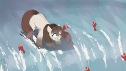 Size: 3840x2160 | Tagged: safe, artist:sevenserenity, oc, oc only, fish, yakutian horse, one eye closed, river, sketch, snow, solo, water, waterfall, wavy mouth