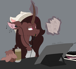 Size: 2586x2336 | Tagged: safe, artist:ollie sketchess, oleander (tfh), oc, pony, unicorn, them's fightin' herds, alcohol, beer, community related, horn, notebook, simple background, solo, tablet