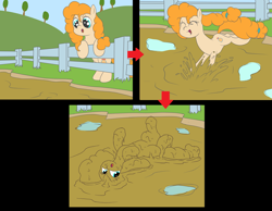 Size: 3279x2543 | Tagged: safe, artist:amateur-draw, pear butter, earth pony, pony, g4, 3 panel comic, comic, covered in mud, female, fence, jumping, lying down, mare, mud, mud bath, muddy, on back, pig pen, rolling, solo, wet and messy