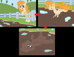 Size: 3279x2543 | Tagged: safe, alternate version, artist:amateur-draw, pear butter, earth pony, pony, g4, 3 panel comic, comic, covered in mud, female, fence, lying down, mare, mother, mud, mud bath, muddy, on back, pig pen, rolling, simple background, solo, solo female, spread legs, spreading, wet and messy
