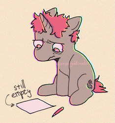 Size: 741x790 | Tagged: safe, artist:emptygoldstudio, oc, oc only, pony, unicorn, arrow, artist's block, frown, horn, paper, pencil, ponysona, sitting, solo, teary eyes, text, wavy mouth