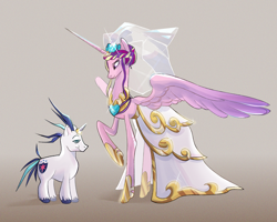 Size: 2500x2000 | Tagged: safe, artist:kaf1l, princess cadance, shining armor, alicorn, pony, unicorn, clothes, dress, duo, female, horn, horn ring, jewelry, male, mare, meme, raised hoof, ring, ship:shiningcadance, shipping, simple background, size difference, smiling, stallion, straight, the bride and the ugly ass groom, toy interpretation, wedding dress, wedding ring