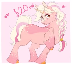 Size: 1700x1500 | Tagged: safe, artist:abbytabbys, oc, oc only, unnamed oc, pony, unicorn, adoptable, ambiguous gender, blaze (coat marking), body freckles, border, braid, braided ponytail, brown eyes, coat markings, colored hooves, colored horn, colored pinnae, crystal horn, doodle, eye clipping through hair, eyebrows, eyebrows visible through hair, eyelashes, facial markings, fetlock tuft, floating heart, for sale, freckles, heart, horn, leg freckles, long mane, long tail, looking up, orange hooves, pink background, pink coat, ponytail, raised hoof, simple background, smiling, socks (coat markings), solo, standing, tail, tall ears, text, tied mane, two toned mane, two toned tail, unicorn horn, unicorn oc, unshorn fetlocks