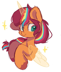 Size: 631x744 | Tagged: safe, artist:skylinepony_, sunny starscout, alicorn, earth pony, pony, g5, alicornified, cute, female, horn, long hair, mane stripe sunny, race swap, simple background, smiling, solo, sparkles, sunnybetes, unshorn fetlocks, white background, wings