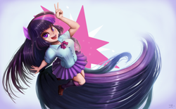 Size: 3236x2000 | Tagged: safe, artist:the-park, twilight sparkle, human, equestria girls, g4, cutie mark background, eared humanization, female, high res, human coloration, humanized, impossibly long hair, long hair, open mouth, open smile, peace sign, pony ears, smiling, solo, very long hair