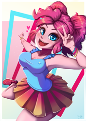 Size: 706x1000 | Tagged: safe, artist:the-park, pinkie pie, human, equestria girls, g4, abstract background, alternate hairstyle, breasts, cleavage, female, open mouth, open smile, peace sign, smiling, solo
