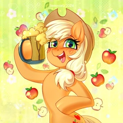 Size: 1850x1850 | Tagged: safe, artist:fenwaru, applejack, earth pony, pony, g4, apple, apple cider, applejack's hat, cider, cowboy hat, cup, cute, female, flower, food, happy, hat, jackabetes, smiling, solo, standing