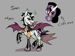 Size: 1508x1133 | Tagged: safe, artist:justvoidsdumbstuff1, oc, oc only, oc:simon (justvoidsdumbstuff1), alicorn, bat pony, bat pony alicorn, pony, alicorn oc, bat pony alicorn oc, bat pony oc, bat wings, black mane, black sclera, black tail, blood, bloody mouth, cape, clothes, colored, colored wings, curved horn, ear tufts, eye scar, facial scar, fangs, forked tongue, gloves, gray background, hoof gloves, horn, latex, latex gloves, leg armor, long gloves, long tongue, looking back, male, narrowed eyes, open mouth, pauldron, ponysona, raised hoof, raised leg, ruffled collar, scar, shadow, short mane, short tail, simple background, solo, spread wings, stallion, standing, tail, tall ears, tongue out, two toned mane, white coat, wings