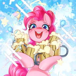 Size: 1850x1850 | Tagged: safe, artist:fenwaru, pinkie pie, earth pony, pony, g4, abstract background, balloon, cider, crystal, cute, female, happy, looking at you, shiny, sky, smiling, smiling at you, solo, standing