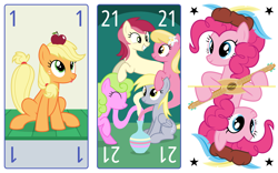 Size: 4800x3000 | Tagged: safe, artist:parclytaxel, applejack, daisy, derpy hooves, flower wishes, lily, lily valley, pinkie pie, roseluck, earth pony, genie, genie pony, pegasus, pony, ain't never had friends like us, series:parcly's pony pattern playing cards, g4, .svg available, apple, eye contact, eyes closed, feather, female, flower trio, food, geniefied, grin, hat, hatless, high res, irrational exuberance, looking at each other, looking at someone, mandolin, mare, missing accessory, musical instrument, noogie, passepartout, playing card, silly, silly pony, sitting, smiling, tarot card, the fool, the magician, the world, tongue out, vase, vector, who's a silly pony
