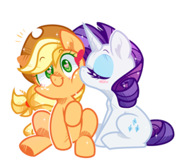 Size: 1000x950 | Tagged: safe, artist:yokokinawa, applejack, rarity, cheek kiss, chibi, female, kissing, lesbian, ship:rarijack, shipping, simple background, white background