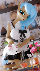 Size: 2160x3840 | Tagged: safe, artist:loveslove, oc, oc only, oc:iva, earth pony, anthro, 3d, book, breasts, busty oc, clothes, cup, earth pony oc, female, flower, food, high res, looking at you, maid, nail polish, smiling, smiling at you, solo, tea, teacup, teapot