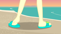 Size: 1280x704 | Tagged: safe, fluttershy, human, equestria girls, g4, beach, feet, female, fetish, foot fetish, heel pop, legs, ocean, pictures of legs, sandals, soles, solo, sunset, water, wave