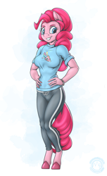 Size: 1864x3070 | Tagged: safe, artist:mysticalpha, pinkie pie, earth pony, anthro, g4, breasts, busty pinkie pie, female, grin, hand on hip, high res, mare, simple background, smiling, solo, white background