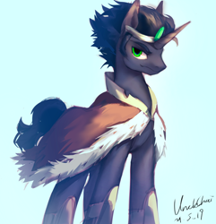 Size: 1080x1121 | Tagged: safe, artist:unclechai, idw, king sombra, pony, unicorn, g4, green eyes, horn, looking at you, male, reformed sombra, simple background, solo, stallion, standing, white background