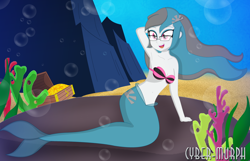 Size: 4344x2801 | Tagged: safe, artist:cyber-murph, oc, oc:silver dawn, mermaid, equestria girls, g4, arm behind head, armpits, belly button, bra, breasts, bubble, cleavage, coral, crepuscular rays, cute, eyeshadow, fish tail, flowing mane, flowing tail, glasses, hairclip, makeup, mermaidized, midriff, ocean, rock, seashell, seashell bra, seaweed, signature, sitting, small breasts, species swap, sunlight, swimming, tail, treasure chest, underwater, water