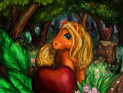 Size: 512x384 | Tagged: safe, artist:terra, applejack, applejack (g1), firefly, spike (g1), dragon, dragonfly, earth pony, insect, pegasus, pony, rabbit, g1, animal, apple, apple tree, forest, nature, tree