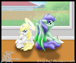 Size: 1214x1000 | Tagged: safe, artist:tarripup, oc, oc only, oc:dreamstar, alicorn, pegasus, pony, back to back, drawing, duo, fence, grass, halo, hoof hold, house, pencil, sitting, tree, window